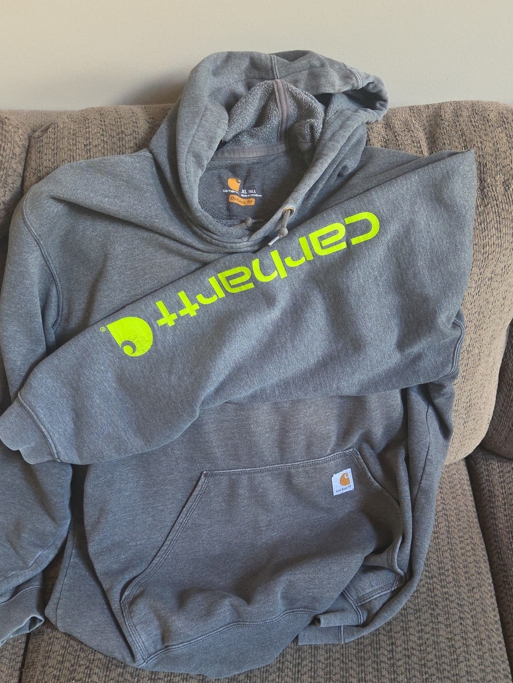 Carhartt Men's Gray Hoodie with Neon Green Logo